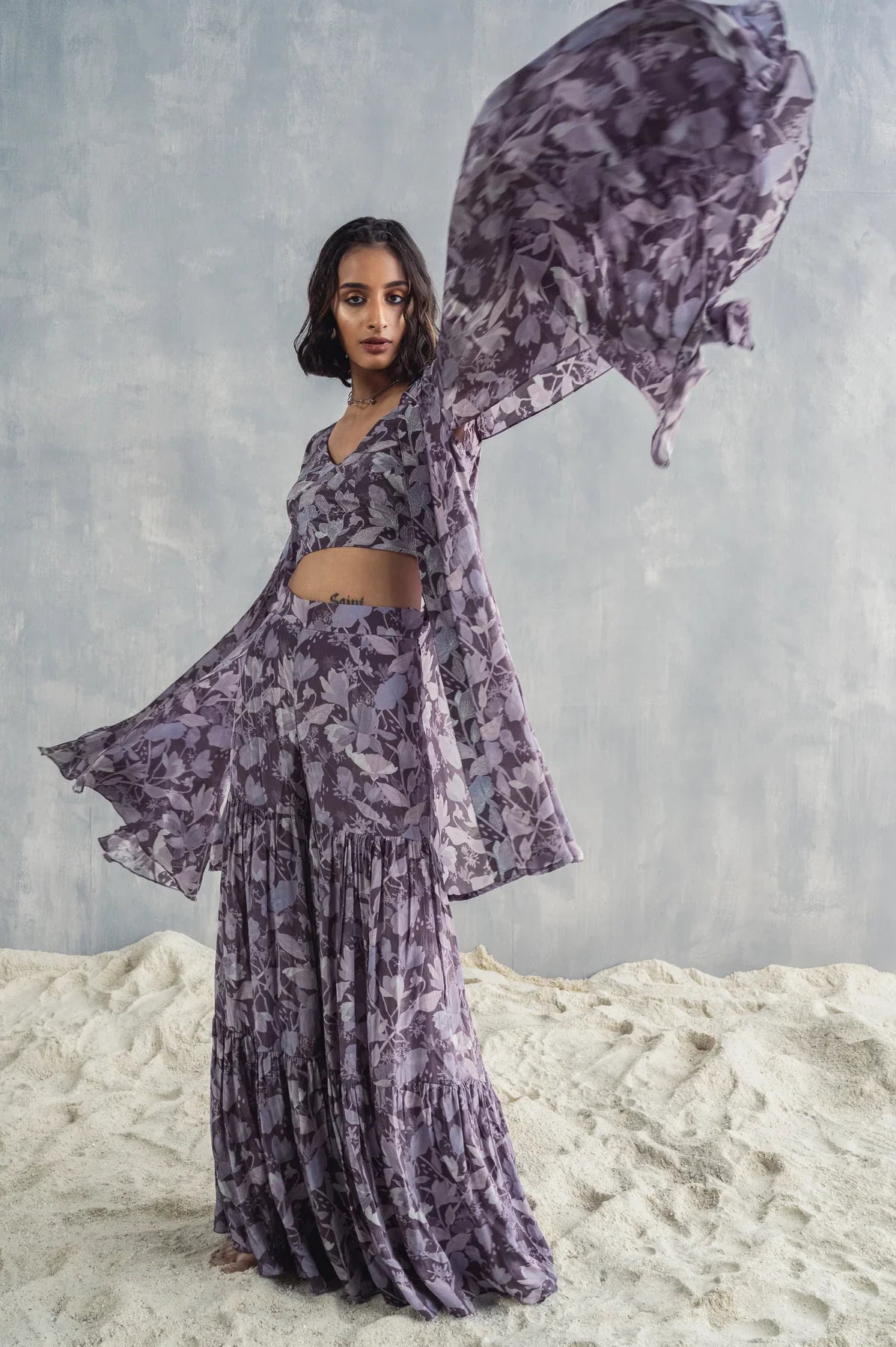 VOILA - Printed Embroidered Crop Top With Sharara Set-0